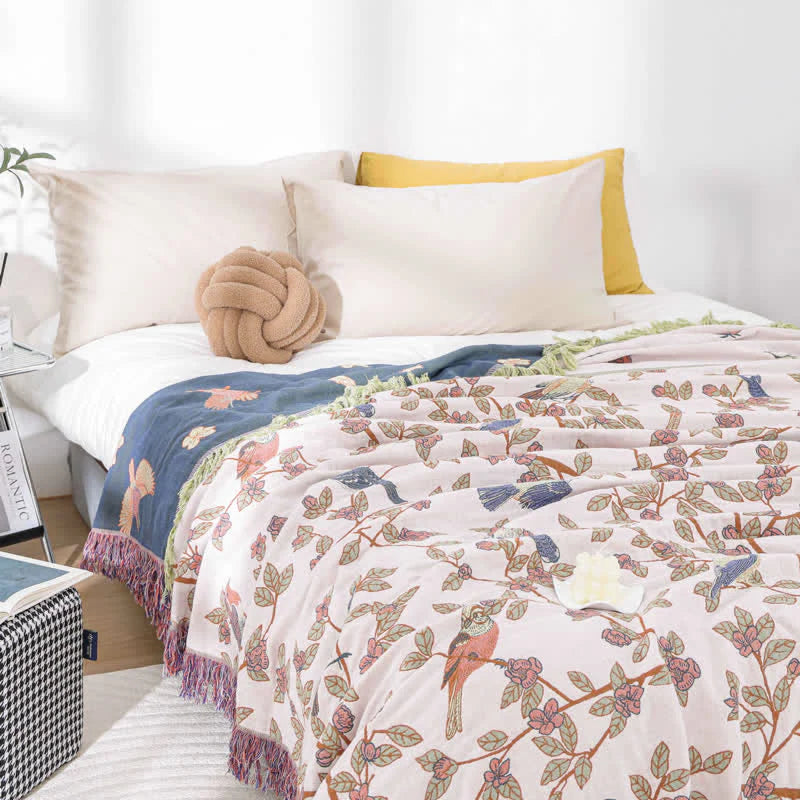 Charming Floral Bird Cotton Throw