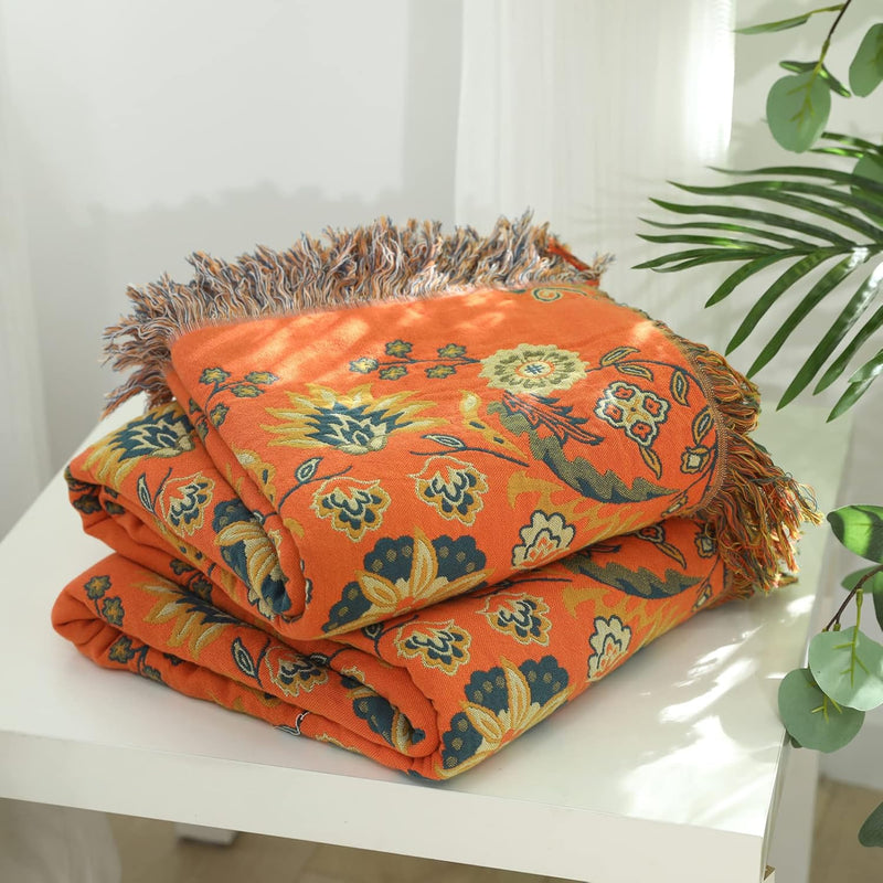 Vibrant Orange Boho Flower Blanket