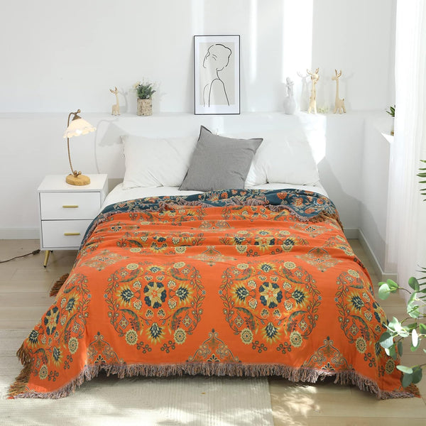 Vibrant Orange Boho Flower Blanket