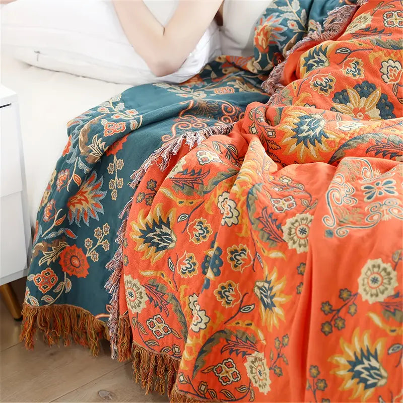 Vibrant Orange Boho Flower Blanket