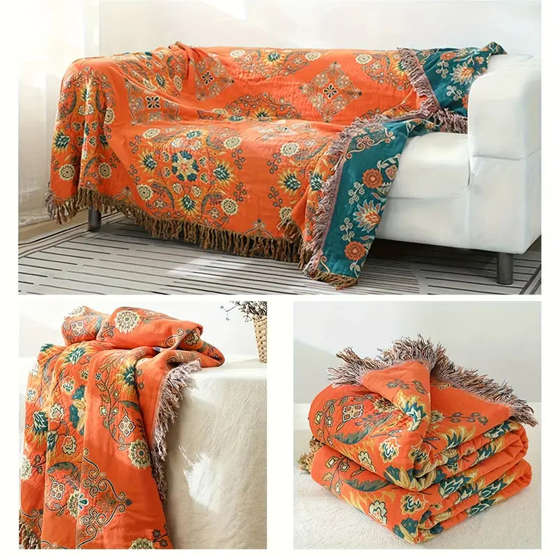 Vibrant Orange Boho Flower Blanket