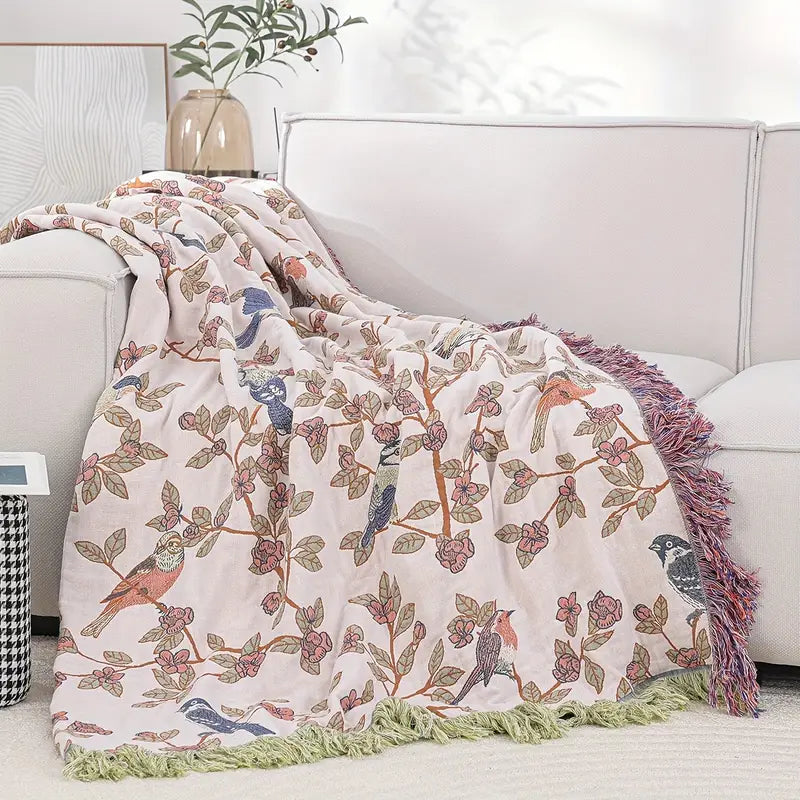 Charming Floral Bird Cotton Throw